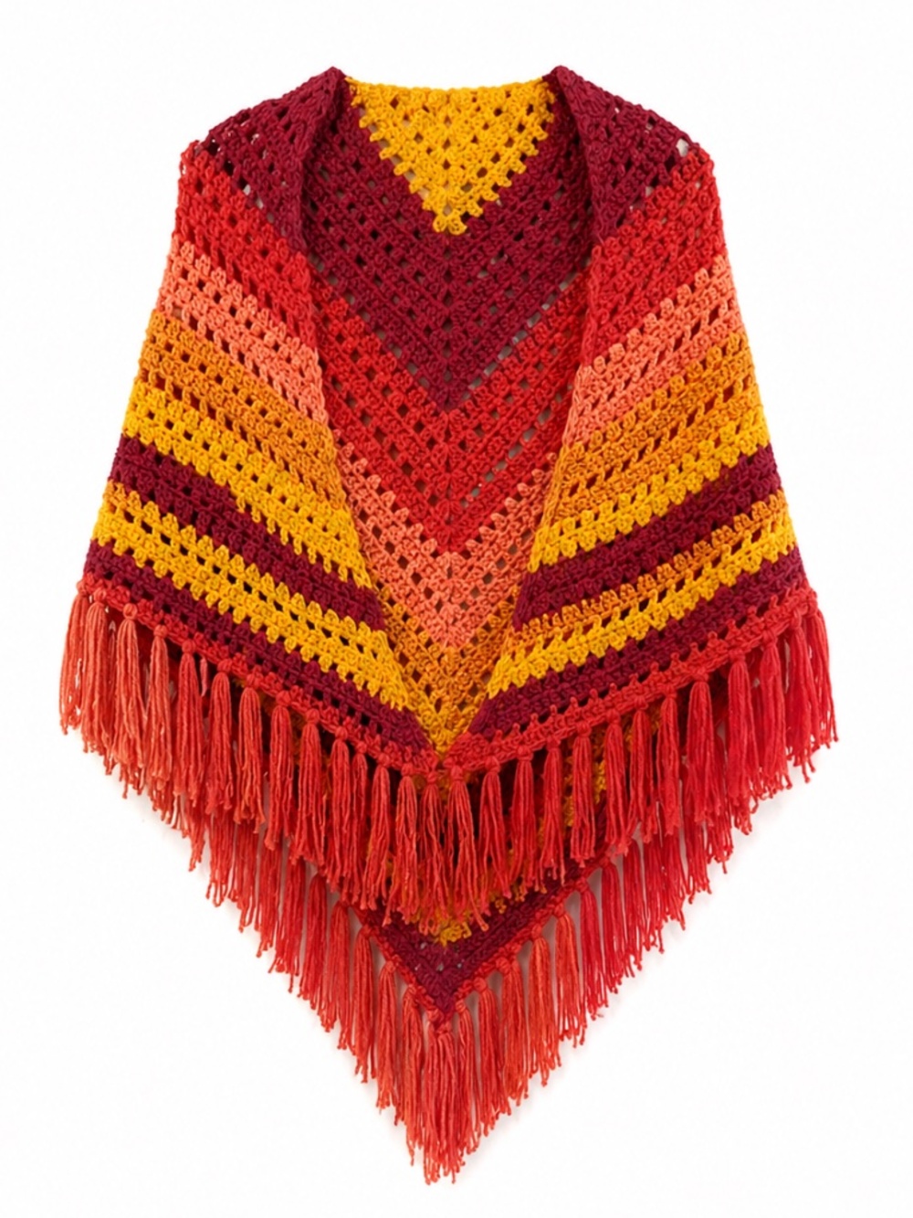 LD Yarn Creations Crochet Fringe Shawl in Yellow, Orange, Pink & Burgundy